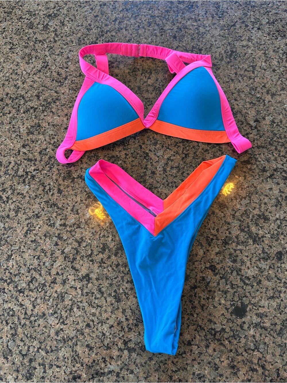 Free people Oneone Palmetto Vibrant Blue Pink Orange Triangle Bikini Set